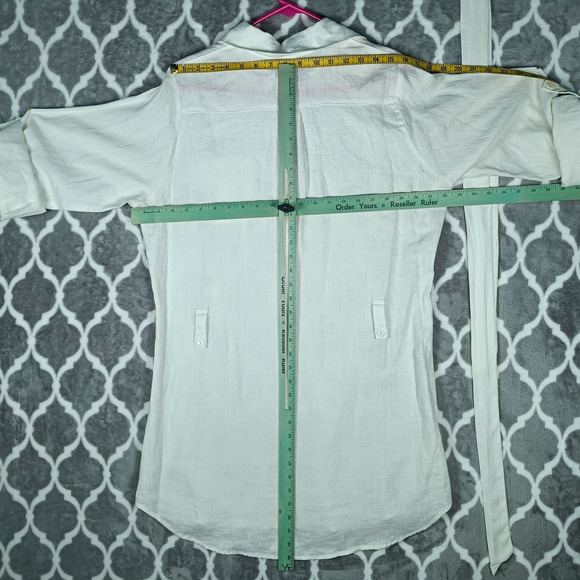 La Blanca Cover Up Shirt Dress Womens Medium White Linen Roll Tab Sleeve Belted - Picture 5 of 11